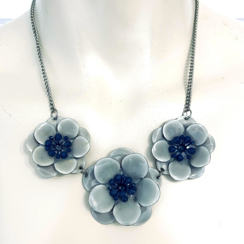FLORAL ENAMEL NECKLACE silver GREY BLUE retro vintage UNIQUE dressy to casual